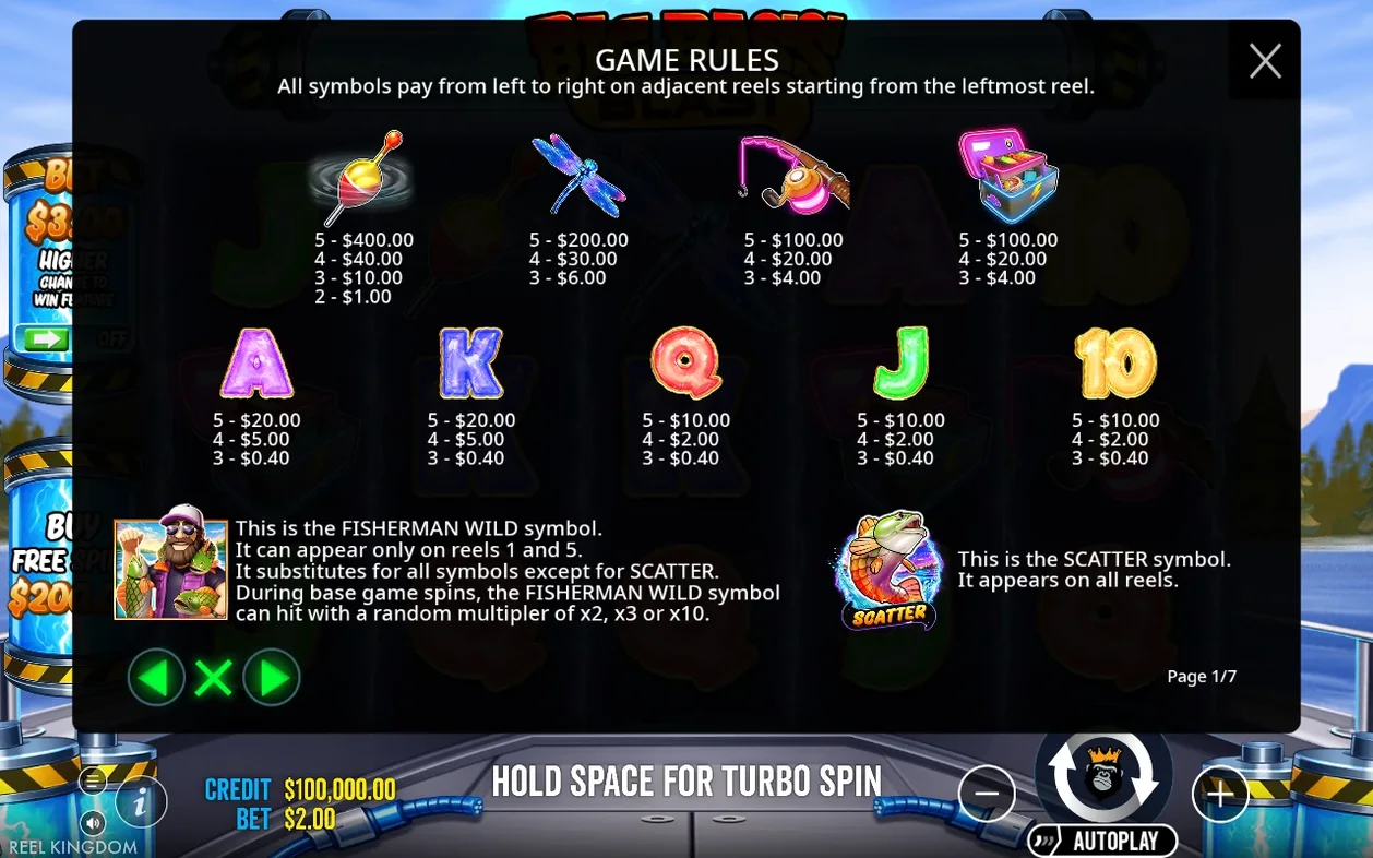 Game Rules page 1/7 lists symbol payouts for Bobber, Dragonfly, Rod, Tackle Box, royals, Wild and Scatter.