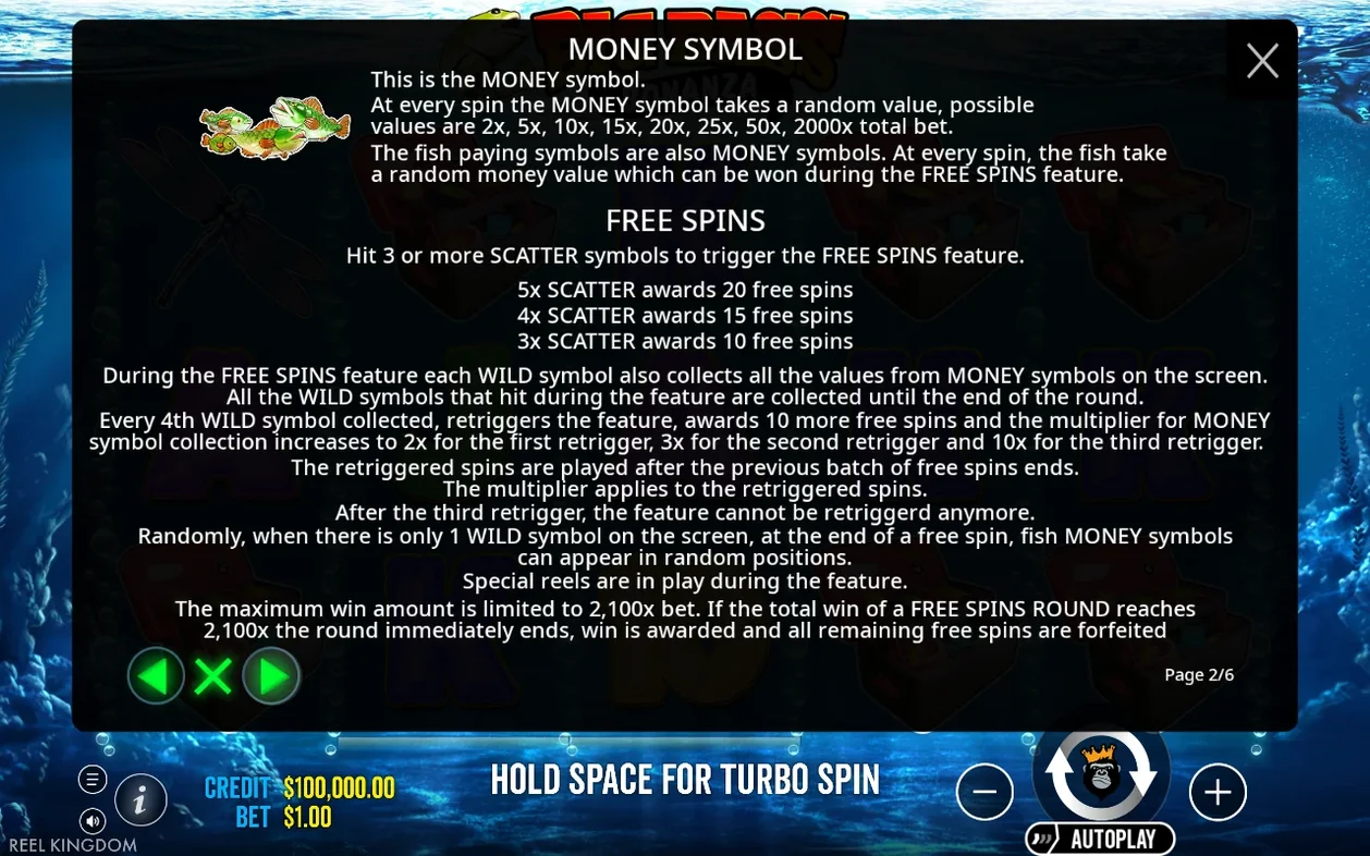 Money symbol and free spins rules page 2 of 6 detail scatter triggers and wild collection mechanics.