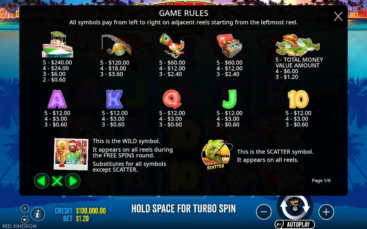 First rules page details payouts for boat, rod, lure, tackle box, fish, letters, wild and scatter symbols.