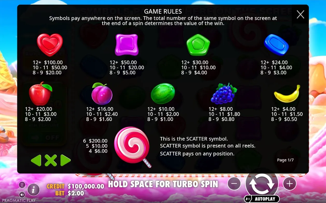 Paytable page 1 of 7 lists 12+, 10-11 and 8-9 payouts for candy, fruit symbols and scatter lollipop
